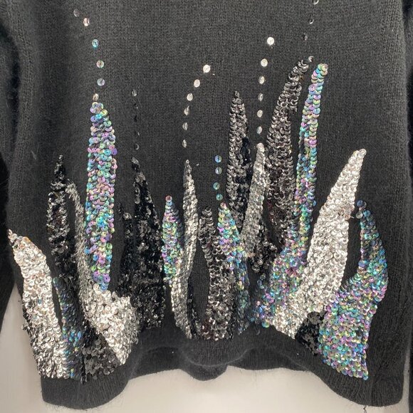 Vintage 80s Sparkly Silk Angora Black Sweater Abstract Sequins M Metallic Retro - Picture 3 of 7